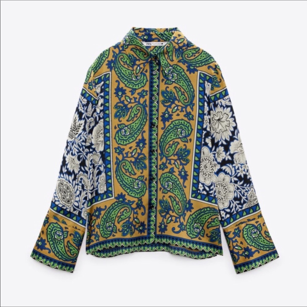 Zara Green and Blue Paisley Button-Down Shirt